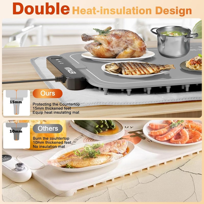 VITOLER Warming Mat for Food, (XXL 35”x16”) Electric Warming Trays, Upgrade Graphene Fast Full-Surface Heating Mat for Food with 6 Level Temp, 6 Hours Timer, Food Warmer Pad with Heat-Insulating Mat - Image 4